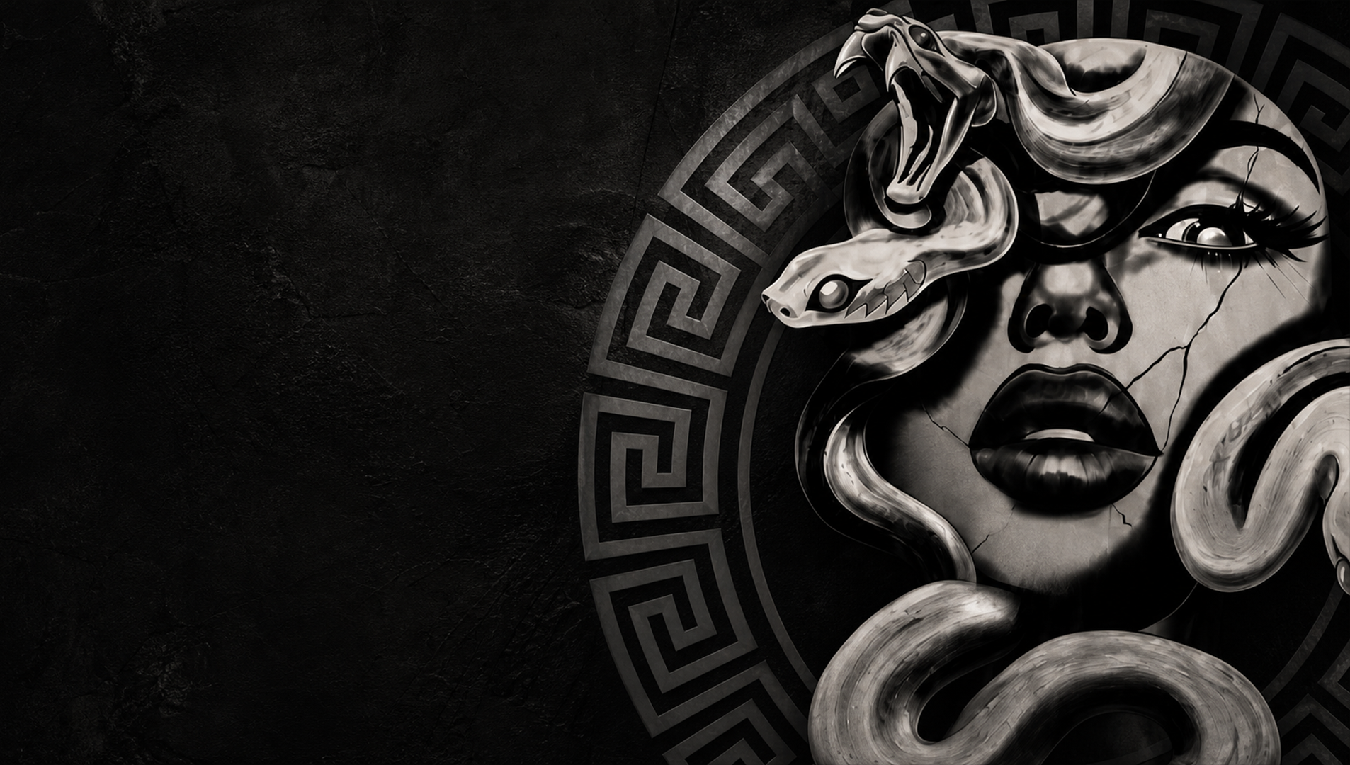 Illustrated Medusa with serpents inside a Greek-key seal